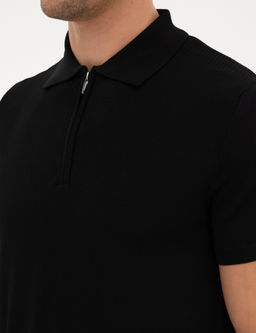 Siyah Slim Fit Fermuarl_ Polo Yaka Triko Kazak
