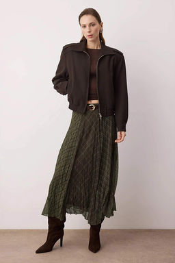 Haki-Kahverengi Ekoseli Astarl? Sifon K?r?s?k Efektli Maxi Asimetrik Etek TWOSS26ET00045