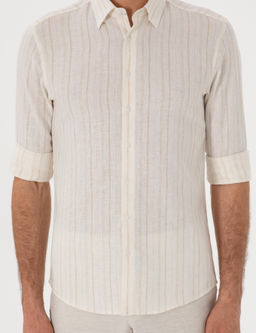 Bej Slim Fit _izgili Keten Kar___ml_ G_mlek
