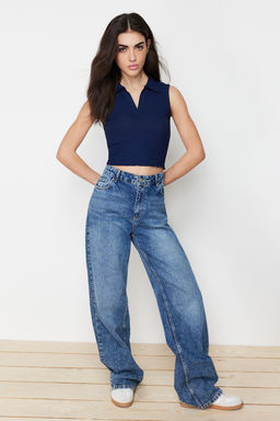 Trendyolmilla Siyah Fitted/Vucuda Oturan Polo Yaka Crop Esnek Orme Bluz TWOSS22BZ0335  фото 6