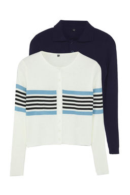 Ekru*001-Lacivert Crop Renk Bloklu-Duz 2li Triko H?rka TWOAW26HI00127 - Trendyolmilla фото 17