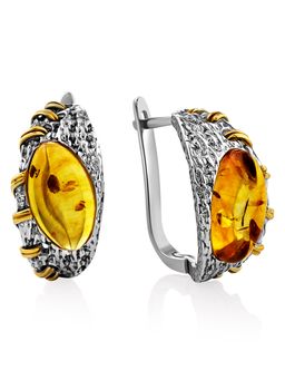 Стильные необычные серьги из золотистого янтаря Гвинея