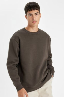Oversize Genis Kal?p Bisiklet Yaka Kal?n Basic Duz Sweatshirt