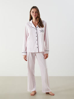 G?mlek Yaka ?izgili Kad?n Pijama Tak?m?