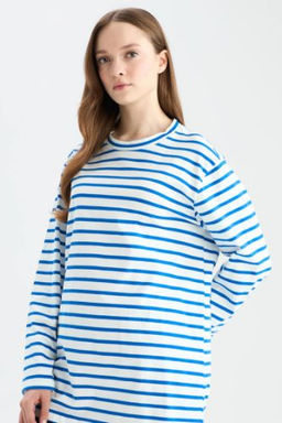 Regular Fit Bisiklet Yaka Cizgili Uzun Kollu Tisort Tunik