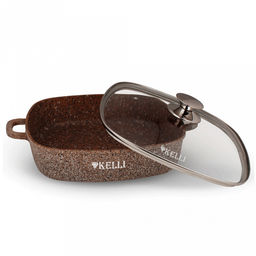 Сотейник из высокопрочного алюминия "Kelli" 4,5л, д28см, гранитное покрытие, индукционное дно, стеклянная крышка с паровыпуском, съемные силиконовые накладки для ручек (Китай) Подходит для всех видов плит, включая индукционную.