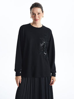Bisiklet Yaka Pul Payetli Oversize Kad?n Sweatshirt
