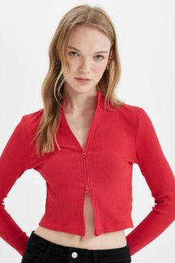 Fitted Dik Yaka Basic Duz Fermuarl? Fitilli Kaskorse Crop K?rm?z? H?rka