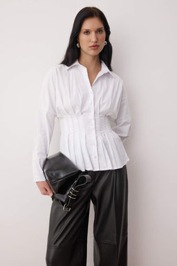 Beyaz Pili Detayl? Vucuda Oturan Lycral? Pamuklu Poplin Gomlek TWOAW26GO00136