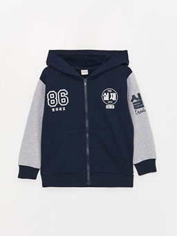 Kap??onlu Bask?l? Uzun Kollu Erkek ?ocuk Fermuarl? Sweatshirt