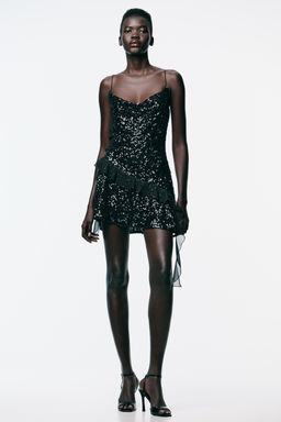 SEQUINNED RUFFLE MINI DRESS