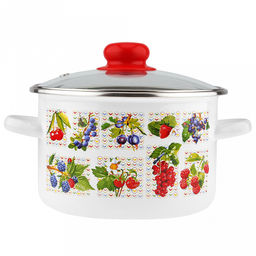 "Вкус лета" Кастрюля эмалированная 3л, д20см, h12,5см, цилиндрическая форма, металлическая крышка с пластмассовой ручкой-кнопкой, ободок из нержавеющей стали, белый (Россия)