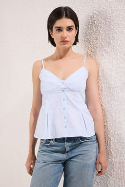 Trendyolmilla Ac?k Mavi Cizgili Peplum Ask?l? Fitted Dokuma Bluz TWOSS25BZ00552