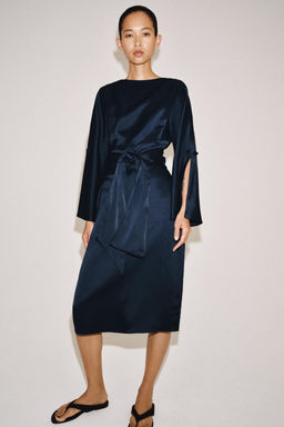 VESTIDO MIDI CINTUR?N CON LINO ZW COLLECTION / Azul - Zara фото 5