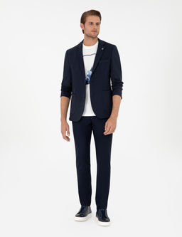 Lacivert Slim Fit _izgili Kanvas Pantolon