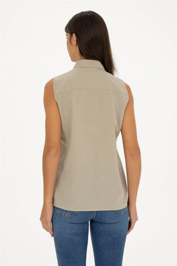 U. S. Polo Assn / Женская льняная рубашка светло-хаки с коротким рукавом - U.s. polo assn фото 5