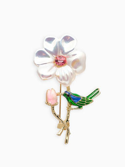 Брошь «Цветок с птичкой», разноцветная в золоте