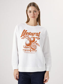 Bisiklet Yaka Bask?l? Oversize Kad?n Sweatshirt