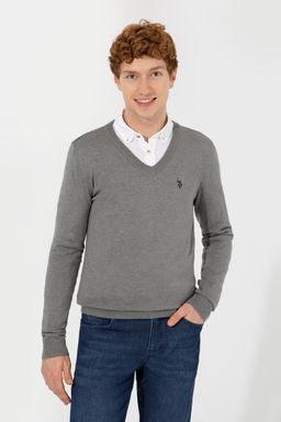 U. S. Polo Assn Мужской серый меланжевый базовый трикотажный свитер с v-образным вырезом