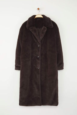 Koyu Kahverengi Kurklu Mono Kapama Oversize Uzun Kaban TWOAW26KB00002 - Trendyolmilla фото 5