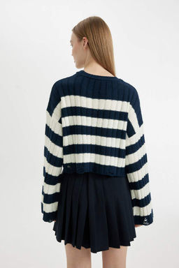 Женский укороченный трикотажный свитер стандартного кроя в полоску с круглым вырезом - Defacto фото 6