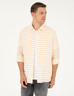Turuncu Keten Kar___ml_ Slim Fit Uzun Kollu G_mlek