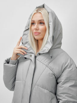 Пальто летучая мышь женское с капюшоном зимнее серого цвета 9616Sr - Mtforce фото 9