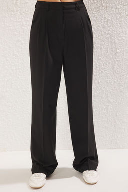 Siyah*001 Limited Edition Straight/Duz Kesim Pilili Dokuma Kumas Pantolon TWOAW23PL00401