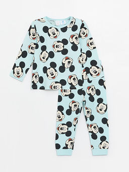 Bisiklet Yaka Uzun Kollu Mickey Mouse Bask?l? Erkek Bebek Pijama Tak?m?