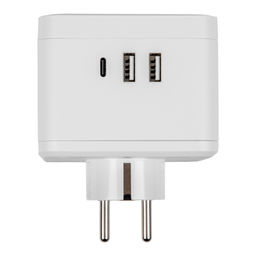 S-GES2-16SBUC WHITE Разветвитель сетевой с выключателем, с/з. 2 гнезда. 2USB+1TYPE C. 16А, 3500Вт. Белый. ТМ Uniel