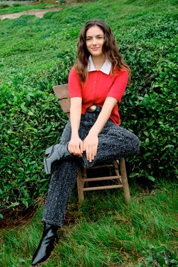 Limited Edition K?rm?z? Gomlek Yaka Garnili Renk Bloklu Ince Triko Ince Bluz TWOSS26BZ00117