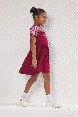 Bordo K?z Cocuk Cizgili K?sa Kol Mini Orme Elbise TKDSS25EL00059 - Trendyolmilla фото 2