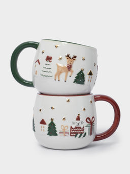 Кружка, 400 мл, 2 шт, керамика, зеленая/красная, Олень и Кот, New year