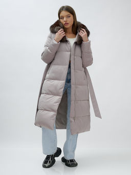 с мехом песец люкс класса Пальто зимние Бренд Visdeer, бежевого цвета  фото 21