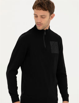 Siyah Slim Fit Fermuarl_ Dik Yaka Triko Kazak