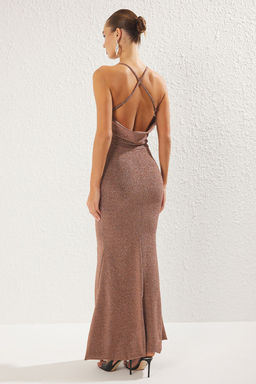 TRENDYOLMILLA Bronz Vucuda Oturan Simli Orme Uzun S?k Abiye Elbise TPRSS25AE00078 фото 5