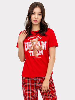 Комплект женский (джемпер, брюки) вишнево-красный с принтом в виде мишки зимняя вишня +красная клетка 592511 - Mark formelle фото 3