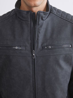 Biker Yaka Deri G?r?n?ml? Erkek Ceket