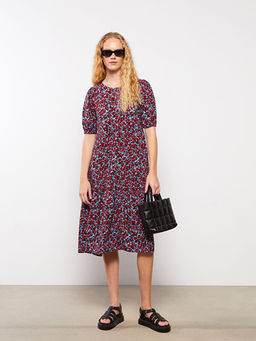 Bisiklet Yaka Desenli K?sa Kollu Viskon Kad?n Elbise