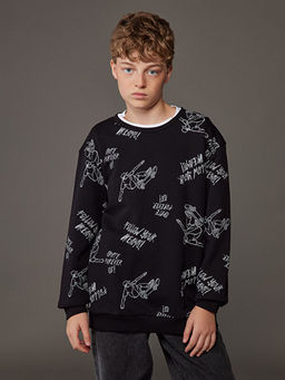 Bisiklet Yaka Bask?l? Erkek ?ocuk Kal?n Sweatshirt