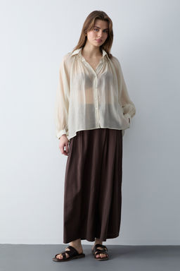 Kahverengi Ince Dokumlu Balon Kol Dokuma Gomlek TWOSS26GO00139 - Trendyolmilla фото 8