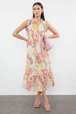 Ekru Cicek Desenli A-Kesim Midi Astarl? Sifon Dokuma Elbise TWOSS23EL01840