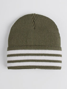 Шапка вязаная детская с тремя полосками на отвороте, хаки