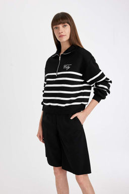 Толстый повседневный свитшот в полоску с половиной молнии обычного кроя - Defacto фото 4