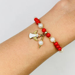 Браслет из Коралла и Жемчуга с подвеской Ангел
