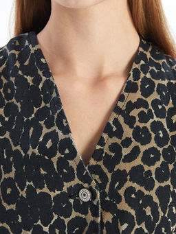 V Yaka Leopar Desenli Kad?n Jean Yelek