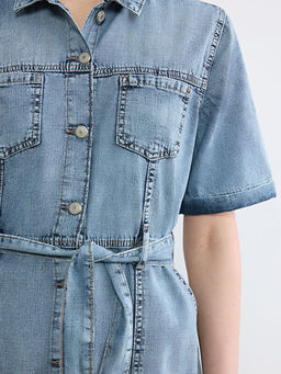 G?mlek Yaka Beli Ku?akl? Jean Elbise