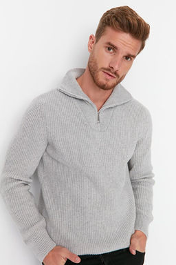 Gri Regular Fit Y_nl_ Fermuarl_ Bal_k__ Yaka Triko Kazak TMNAW22KZ0347