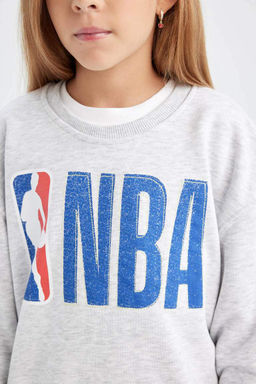 Толстовка большого размера с круглым вырезом для девочек с надписью NBA - Defacto фото 5