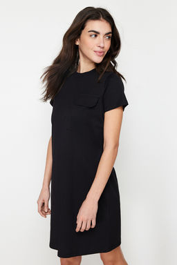 TRENDYOLMILLA Saks %100 Pamuk Cep Detayl? Bisiklet Yaka K?sa Kol Orme T-shirt Elbise TWOSS24EL00120  фото 2